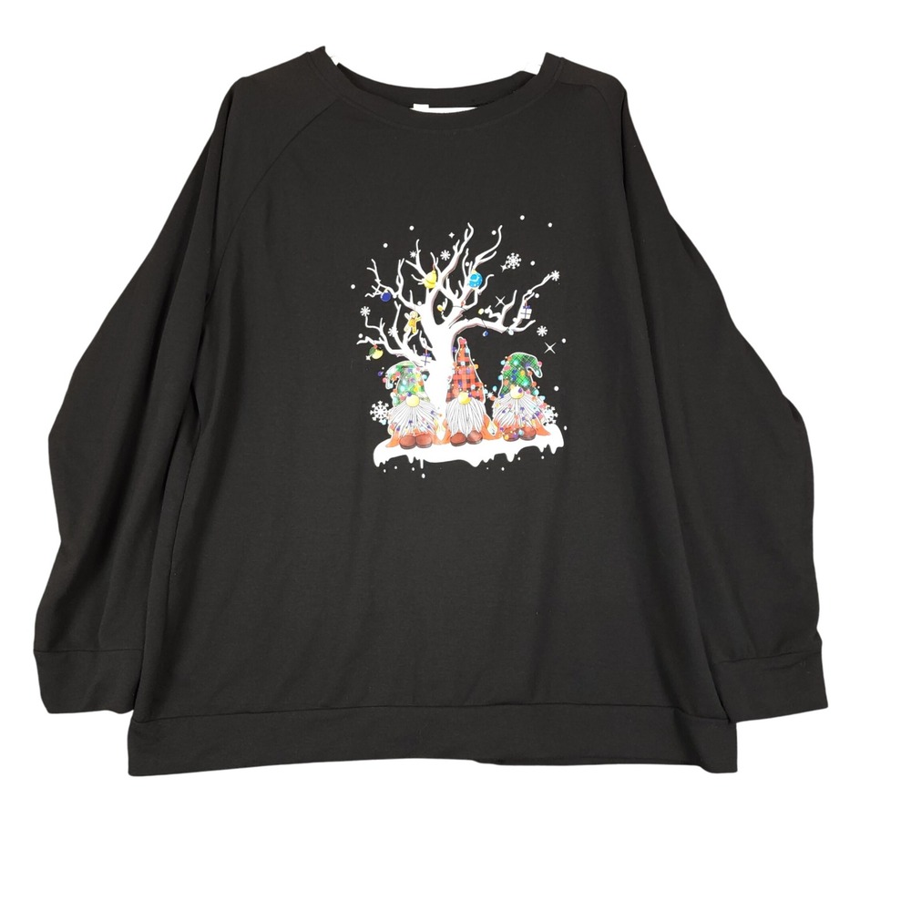 Black Christmas Gnome Tree Long Sleeve Sweatshirt Women's XXL Holiday Cozy‎